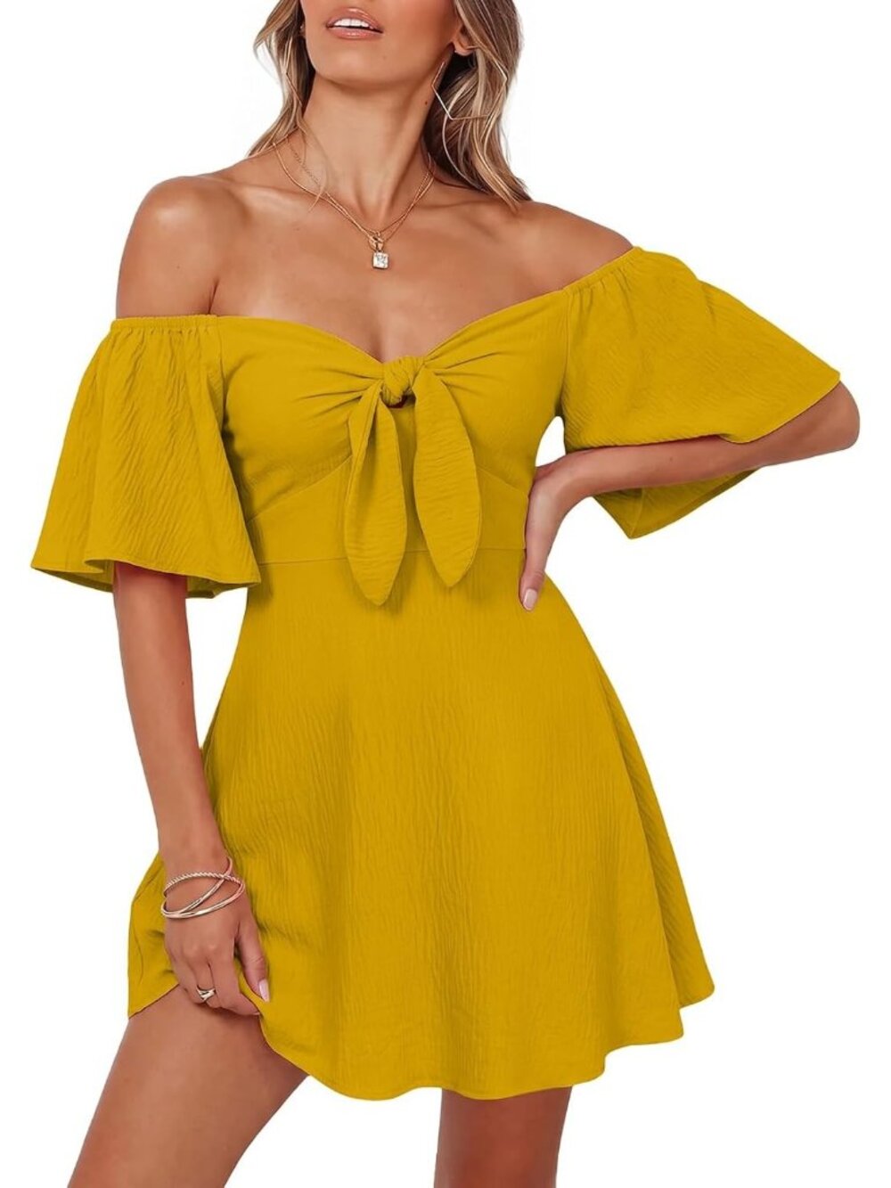 Women's Ginger Summer Deep Short Sleeve V Neck Elegant Bow Tie Mini Party Dress